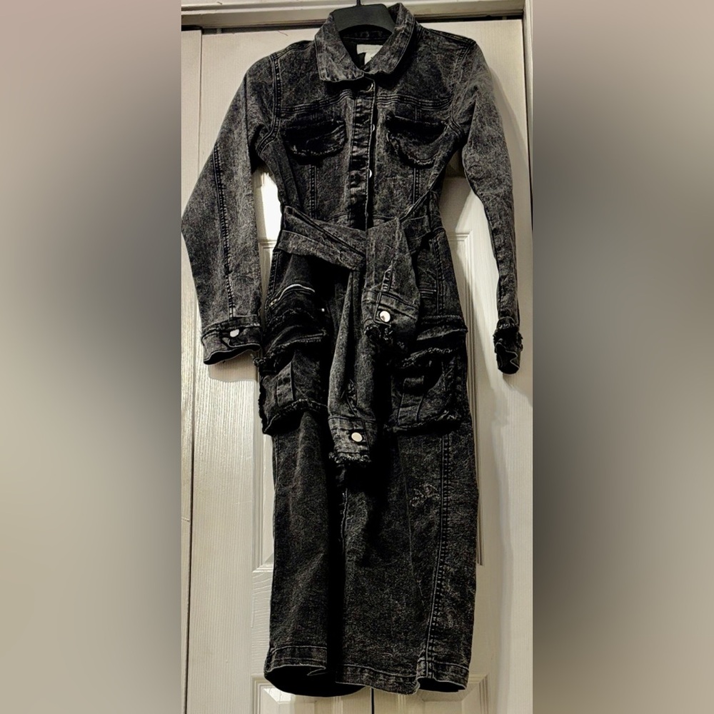 Acid-Wash Black Denim Utility Dress with Pockets